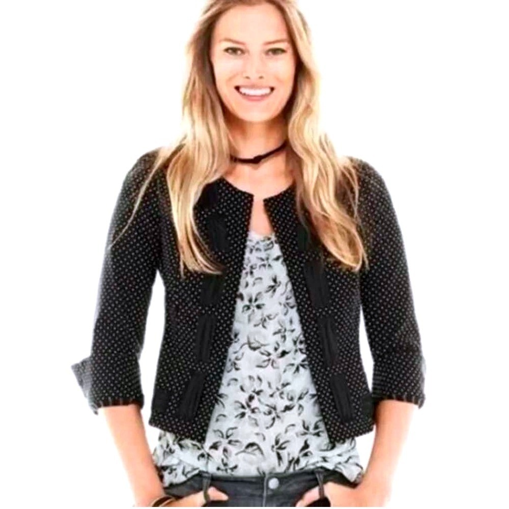 Cabi Polka Dot Bolero Jacket Womens 4 Black White Pleated Trim Open Office #5156